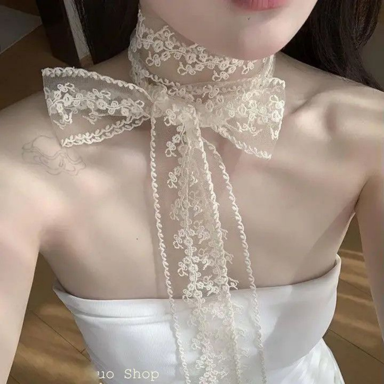 Korean Ins White Lace Ribbon S - Ascot Neck Scarf 评论和价格